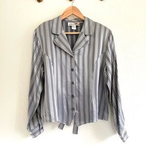 Vintage Silver and Gray Pinstiped Liquid Satin Blouse with Cinch Tie in Back